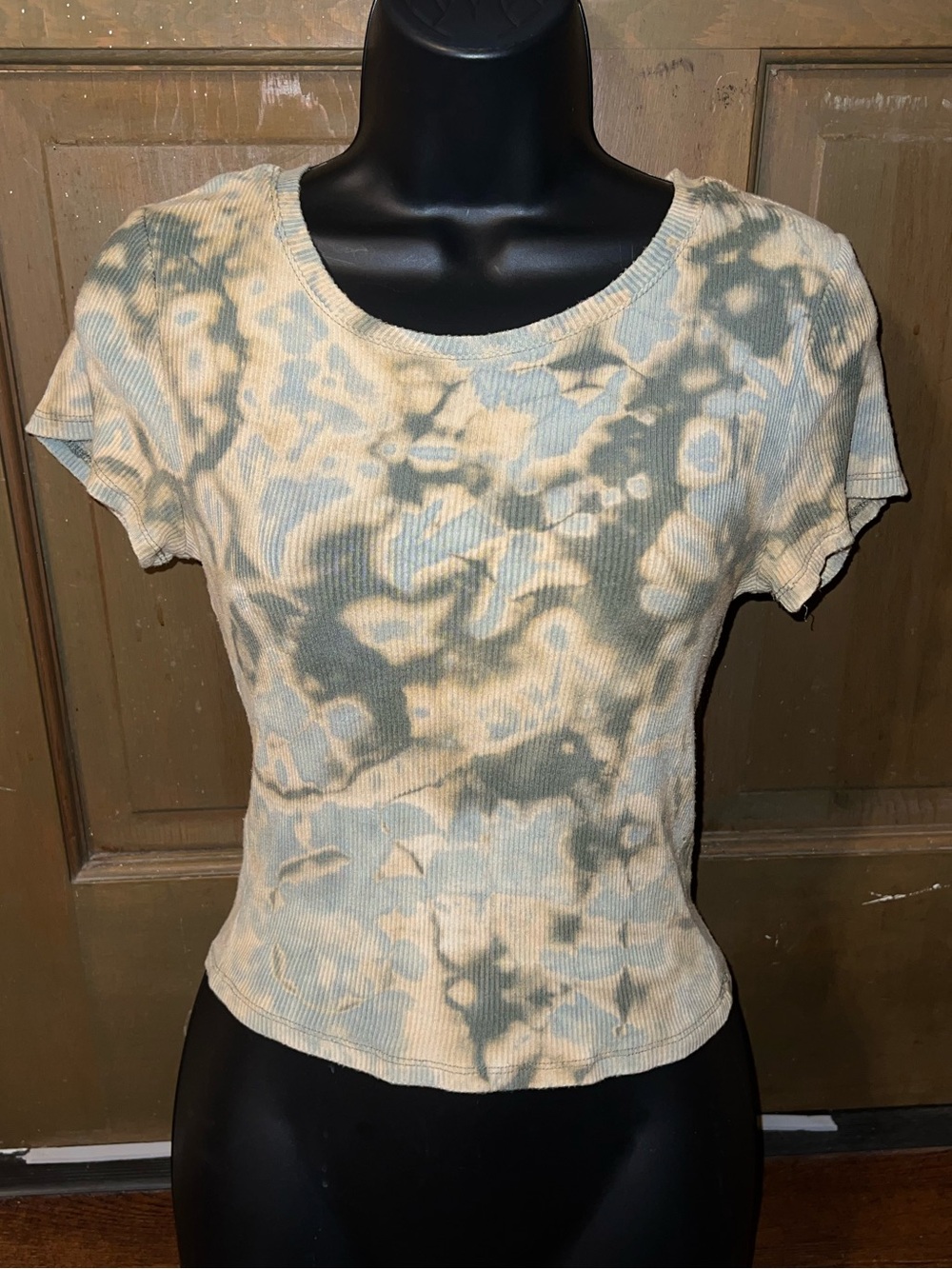 Bozzolo Green Ribbed Acid Wash Cream Short Sleeve Crop Top Hippie Boho Size M